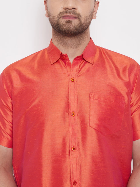 Men's Red Silk Blend Ethnic Shirt